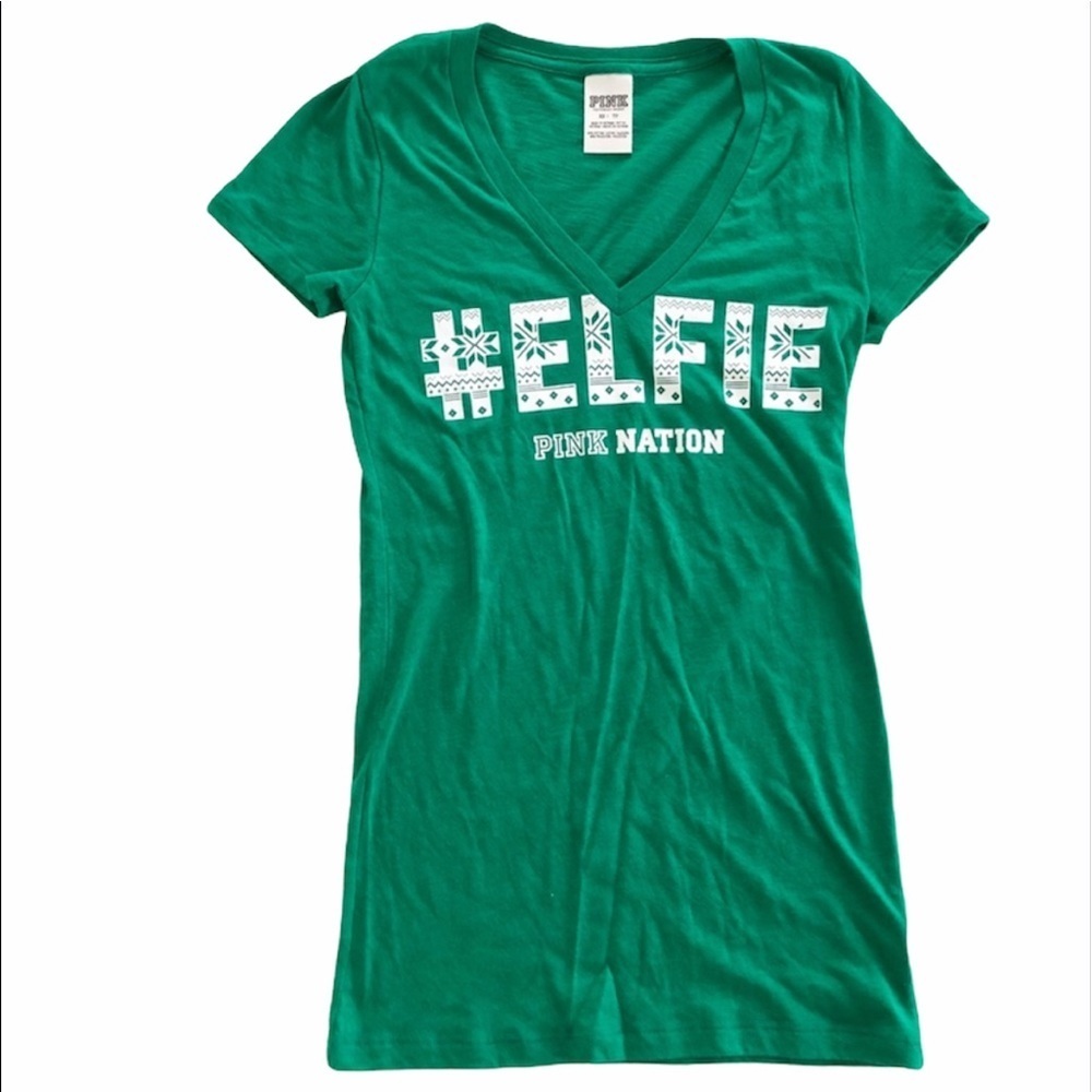 PINK Victoria’s Secret V-neck Green #Elfie T-Shirt Women’s XS